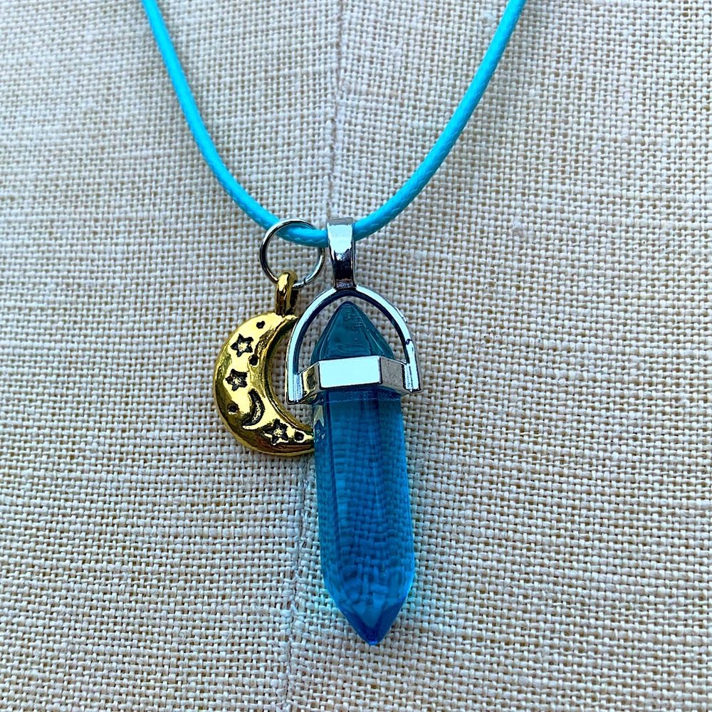Handmade Aqua Blue Resin Crystal Moon Amulet Necklace